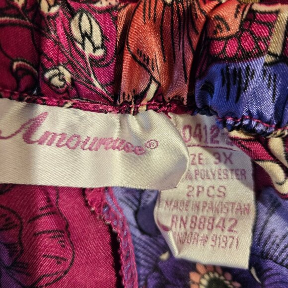 Amoureuse 2-Piece Satin Pajama Set 3X Floral Button Shirt Elastic Waist Pants - Picture 13 of 15